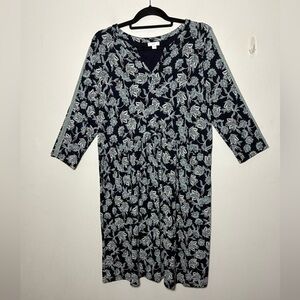 J Jill Floral Print Dress V Neck 3/4 Sleeve Pullover Knit Women’s Size M Pockets